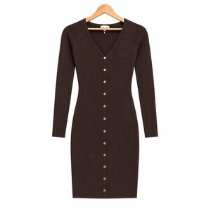 Ever B Brown Ribbed Knit Faux Button Front V-Neck Bodycon Sweater Dress Large
